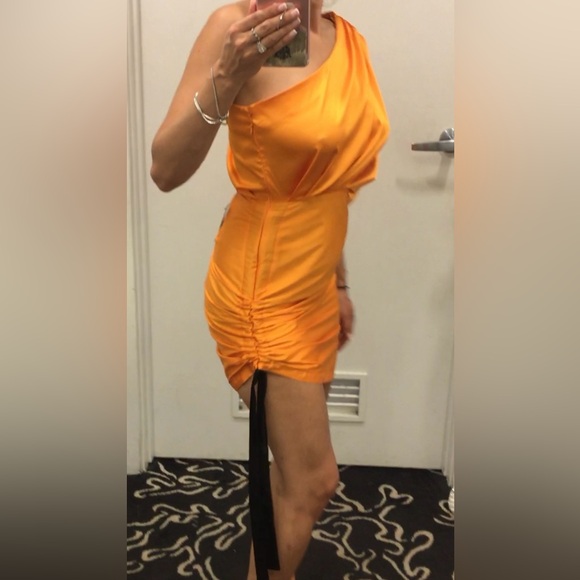 One Shoulder Dress, Satin, short Orange/Gold Color, classy cocktail, Size S - Picture 7 of 16